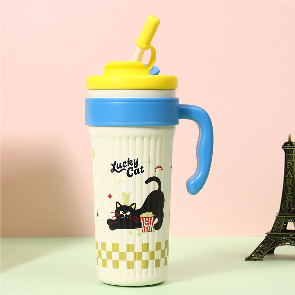 Yellow Lid, popcorn Cat, Twilight Tumbler  Series, Stainless Steel Tumbler and Water Bottle for Teens and Adults, 750 ml