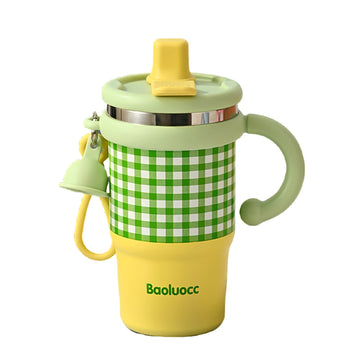 Yellow & Green Checkered Stainless Steel Tumbler for Kids and Adults, 550ml