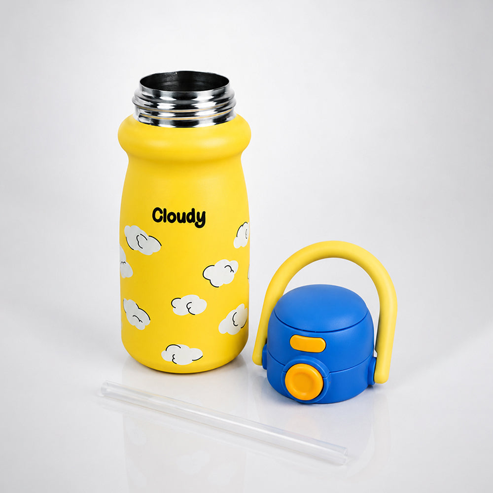 Yellow Blue Clouds Design, Stainless Steel Dual Lid Water Bottle for Kids, 500ml