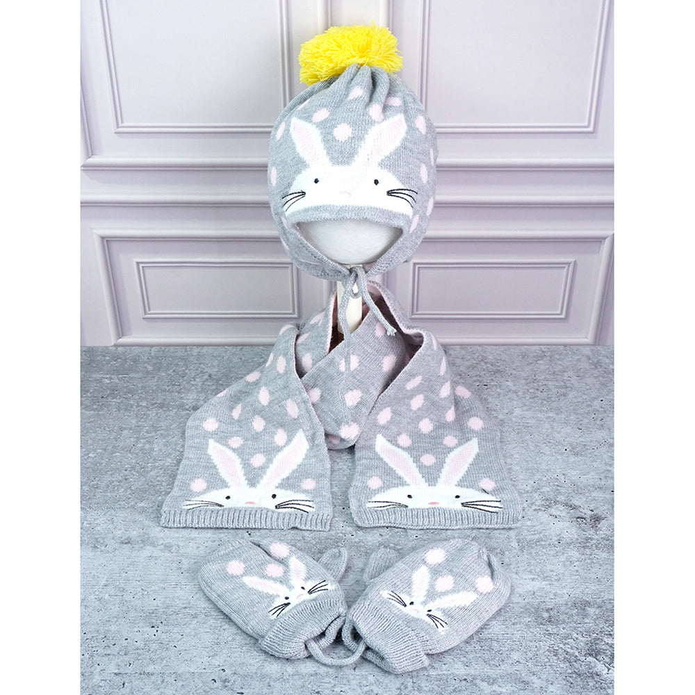 3pcs Grey Bunny Rabbit matching Beanie Winter Cap, Mufflers and Gloves set, 5-10 Years