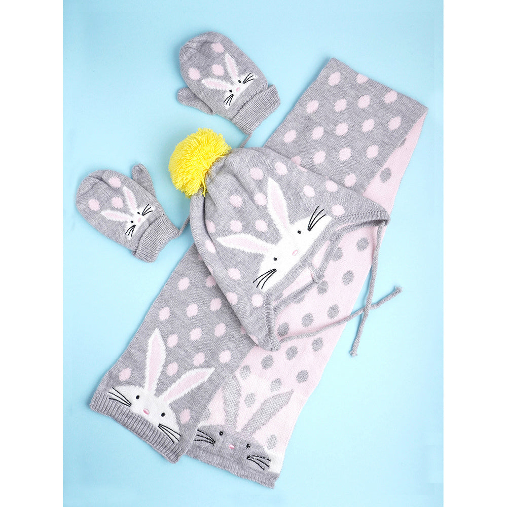 3pcs Grey Bunny Rabbit matching Beanie Winter Cap, Mufflers and Gloves set, 5-10 Years