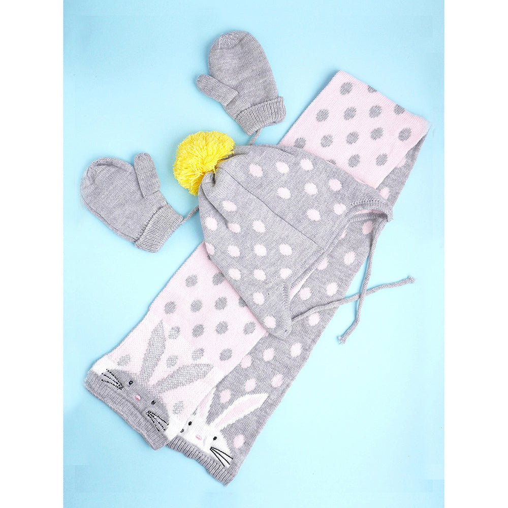 3pcs Grey Bunny Rabbit matching Beanie Winter Cap, Mufflers and Gloves set, 5-10 Years