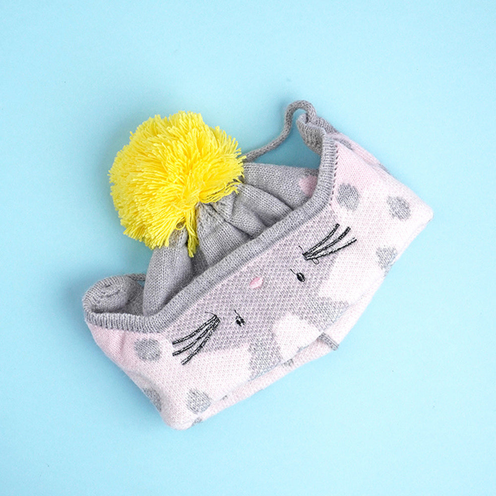 3pcs Grey Bunny Rabbit matching Beanie Winter Cap, Mufflers and Gloves set, 5-10 Years