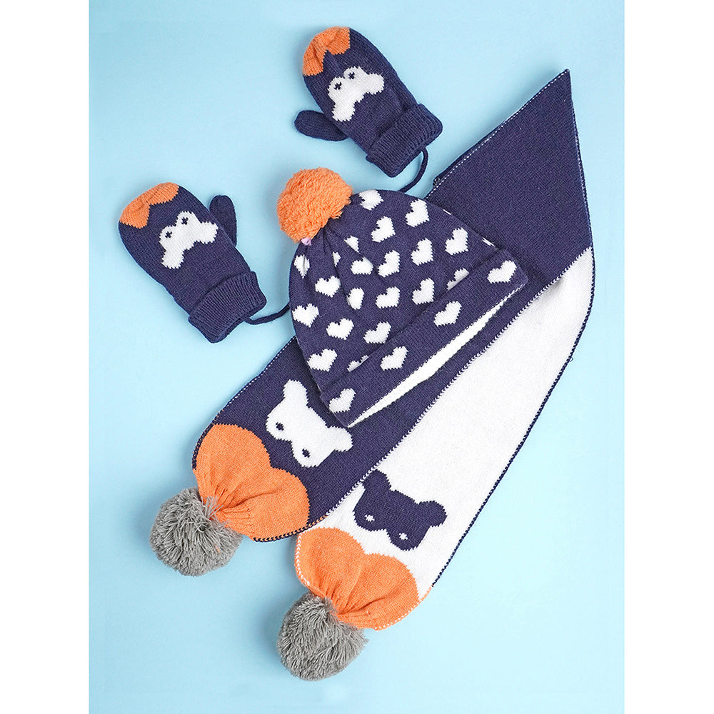 3pcs Navy & Orange Fox matching Beanie Winter Cap, Mufflers and Gloves set, 5-10 Years