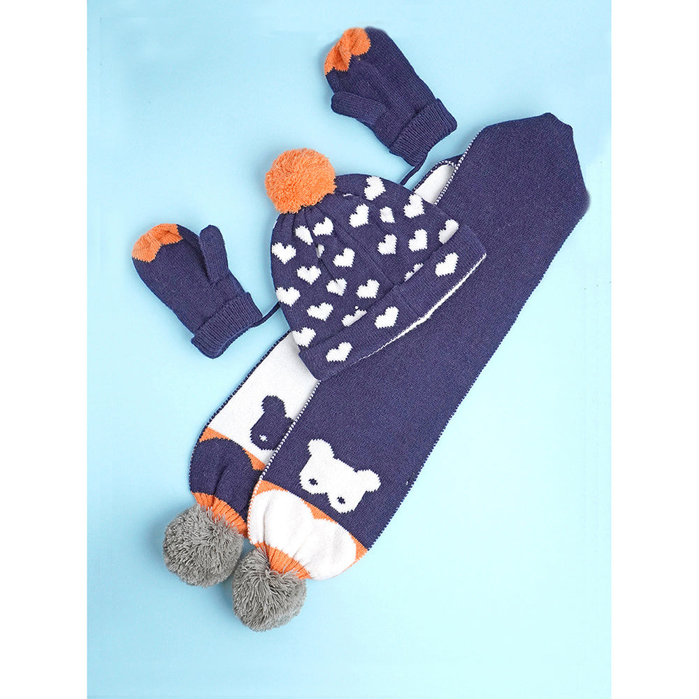 3pcs Navy & Orange Fox matching Beanie Winter Cap, Mufflers and Gloves set, 5-10 Years