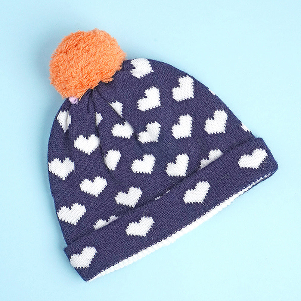 3pcs Navy & Orange Fox matching Beanie Winter Cap, Mufflers and Gloves set, 5-10 Years