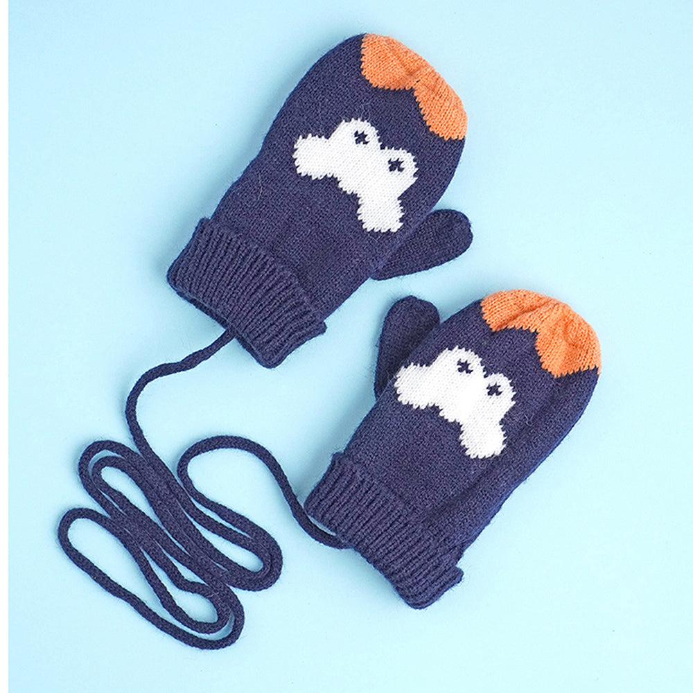 3pcs Navy & Orange Fox matching Beanie Winter Cap, Mufflers and Gloves set, 5-10 Years