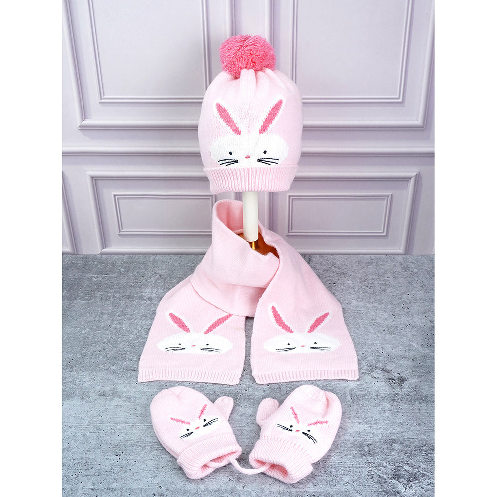 3pcs Pink Bunny Rabbit matching Beanie Winter Cap, Mufflers and Gloves set, 5-10 Years