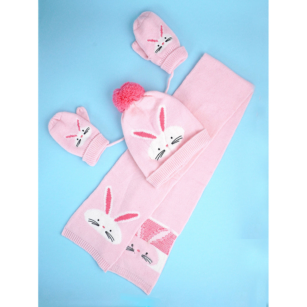 3pcs Pink Bunny Rabbit matching Beanie Winter Cap, Mufflers and Gloves set, 5-10 Years