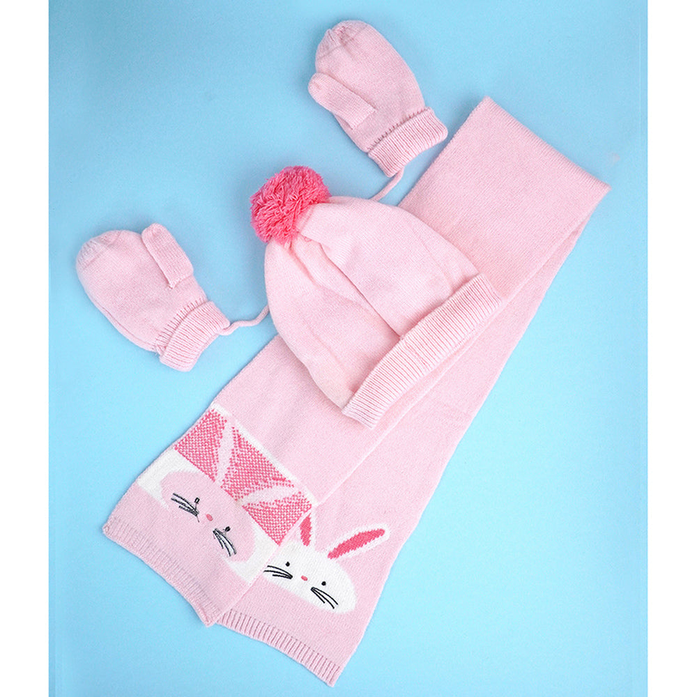 3pcs Pink Bunny Rabbit matching Beanie Winter Cap, Mufflers and Gloves set, 5-10 Years