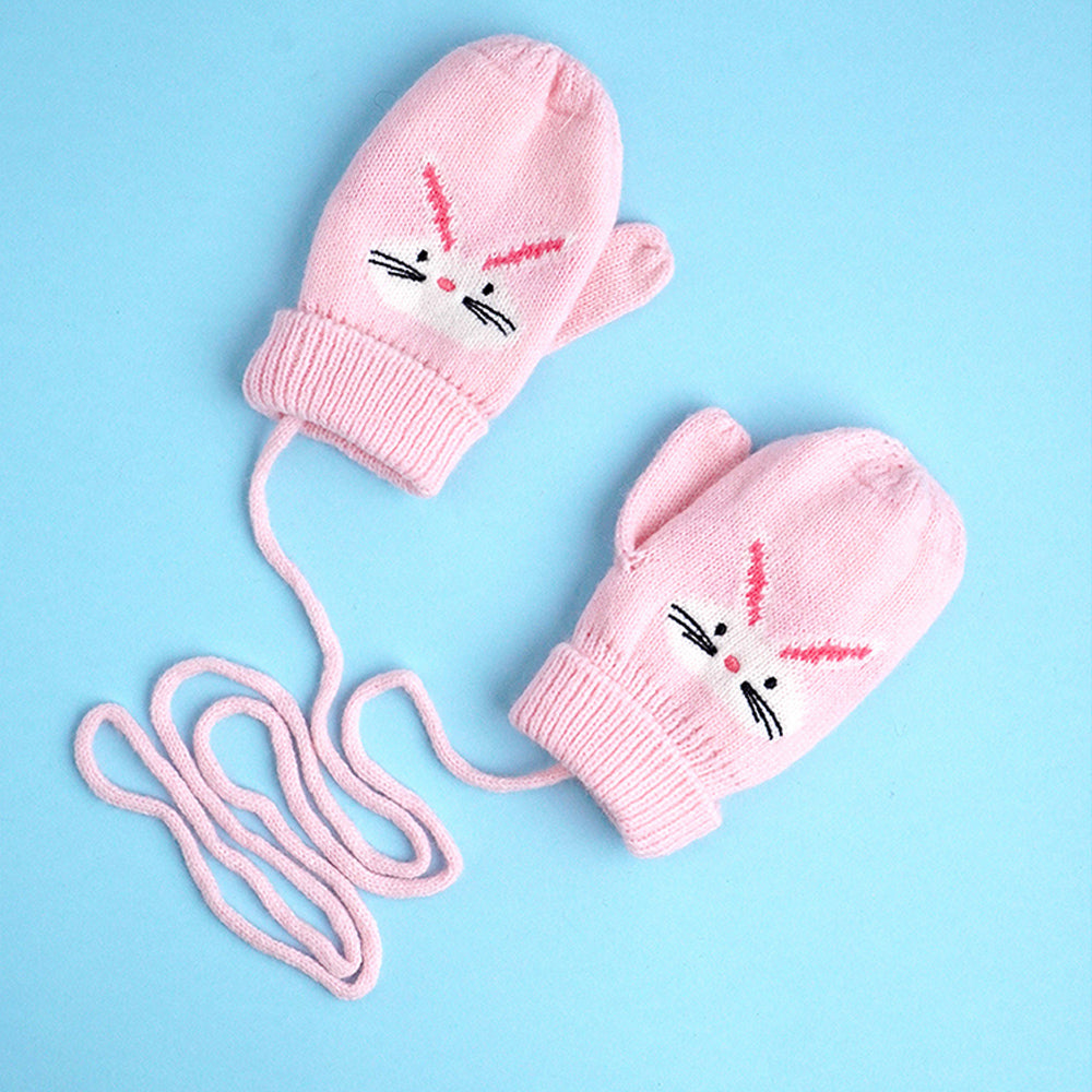 3pcs Pink Bunny Rabbit matching Beanie Winter Cap, Mufflers and Gloves set, 5-10 Years