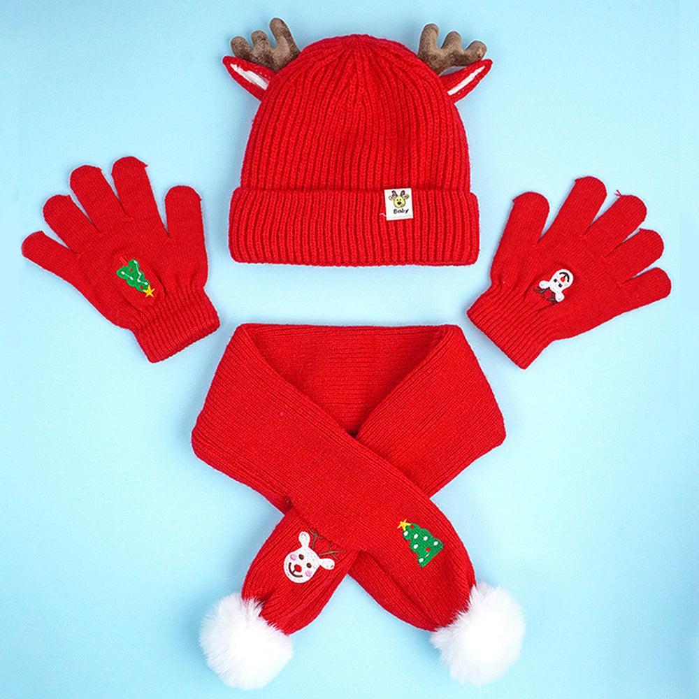 3pcs christmas Themed Winter Cap, Mufflers and Gloves, 4-8 Years