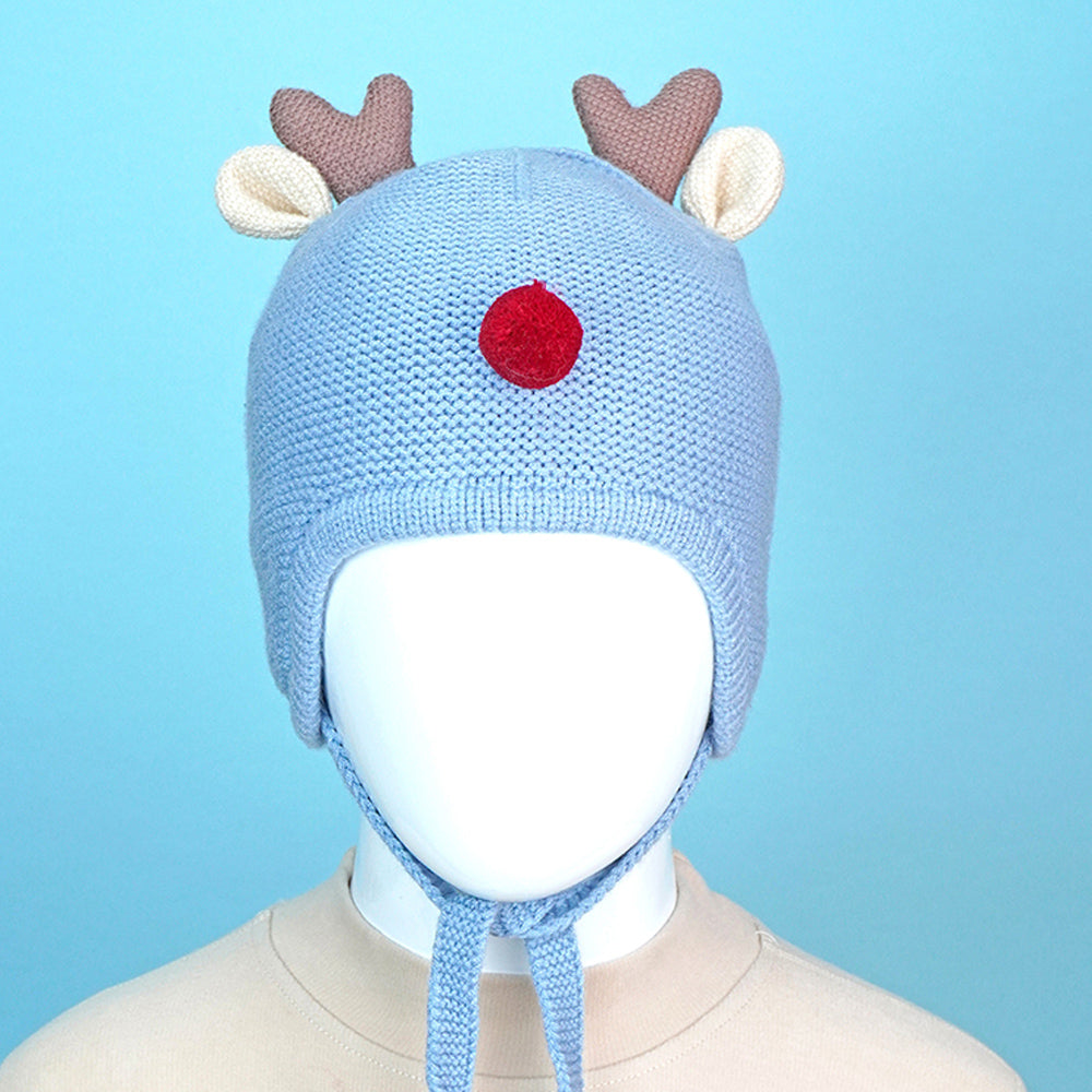 Blue Baby Antler Knitted soft Woolen Winter Cap with tie up, 6-18 months