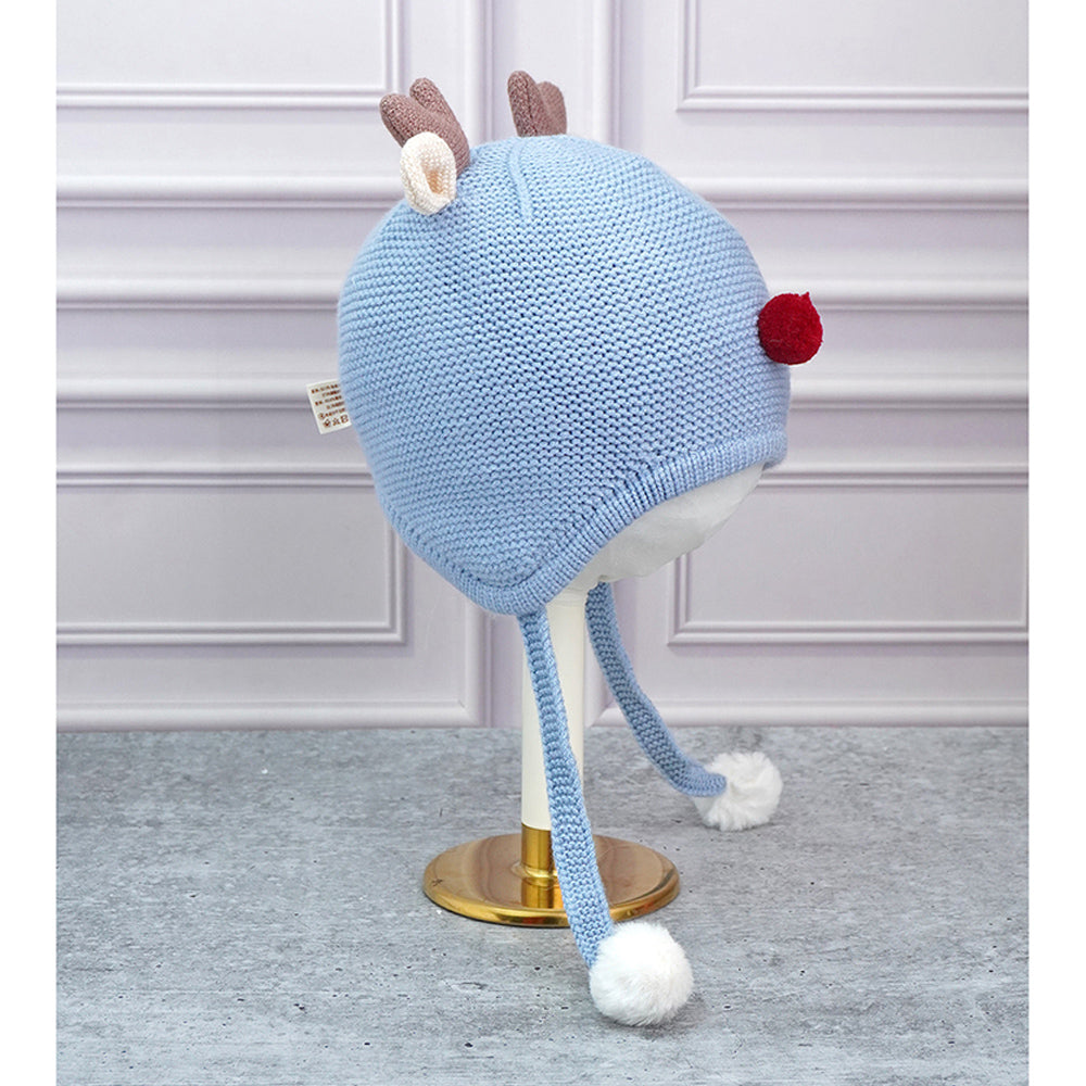 Blue Baby Antler Knitted soft Woolen Winter Cap with tie up, 6-18 months
