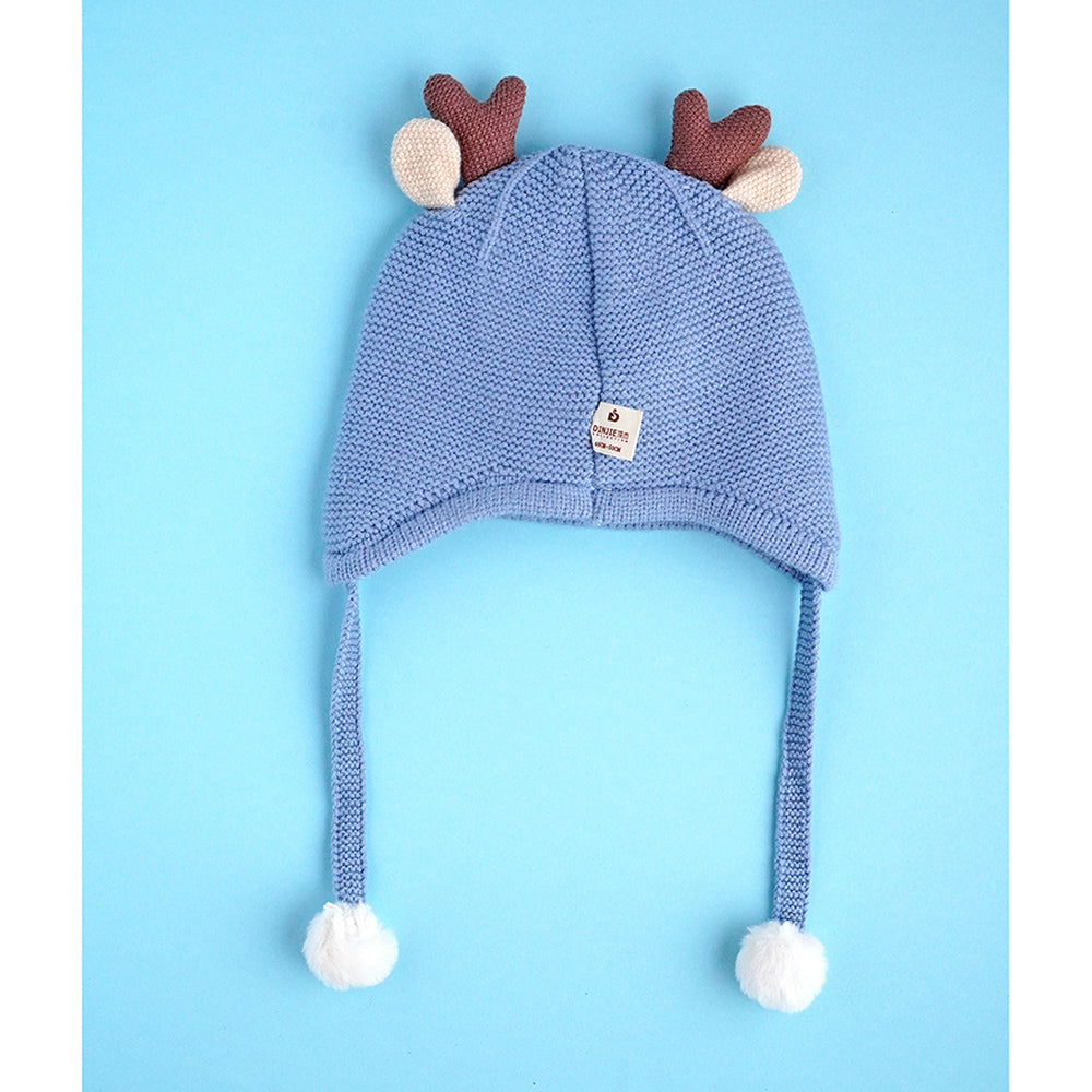 Blue Baby Antler Knitted soft Woolen Winter Cap with tie up, 6-18 months