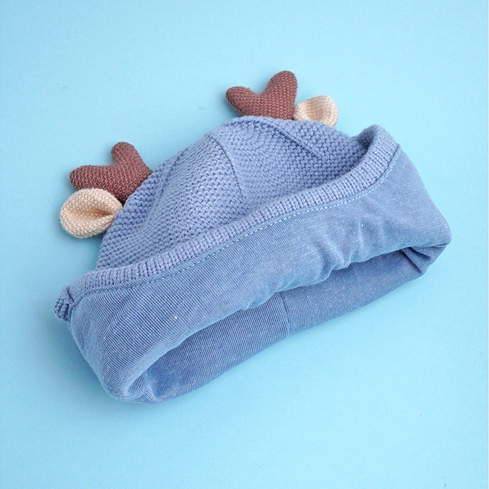 Blue Baby Antler Knitted soft Woolen Winter Cap with tie up, 6-18 months