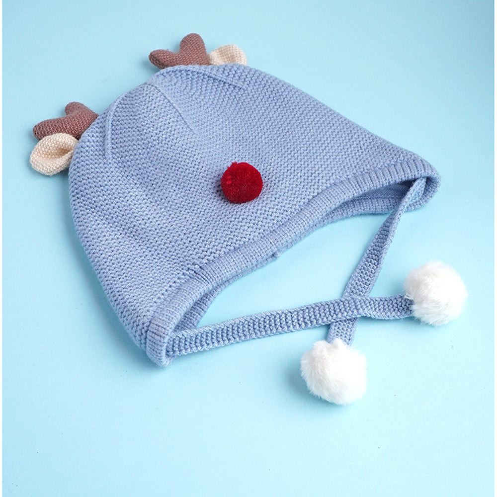 Blue Baby Antler Knitted soft Woolen Winter Cap with tie up, 6-18 months