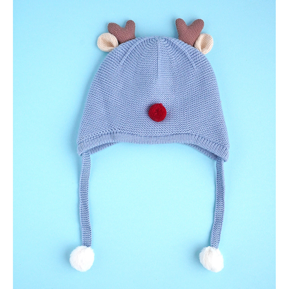 Blue Baby Antler Knitted soft Woolen Winter Cap with tie up, 6-18 months