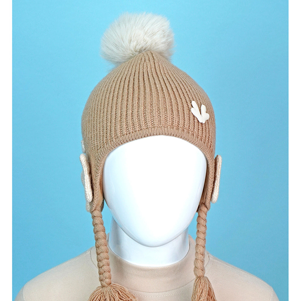 Brown Butterfly Knitted soft Woolen Winter Cap with tie up, 6-18 months