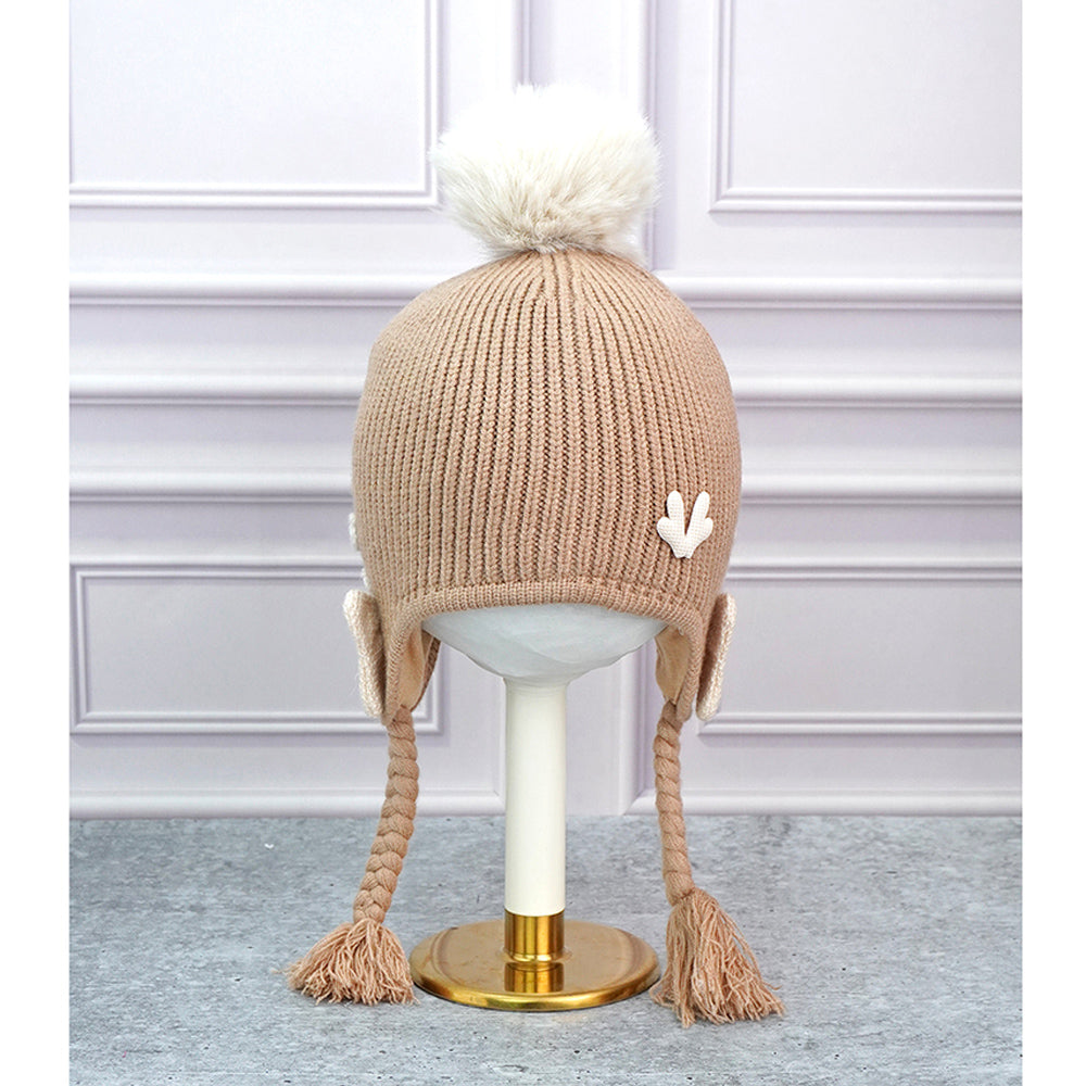Brown Butterfly Knitted soft Woolen Winter Cap with tie up, 6-18 months