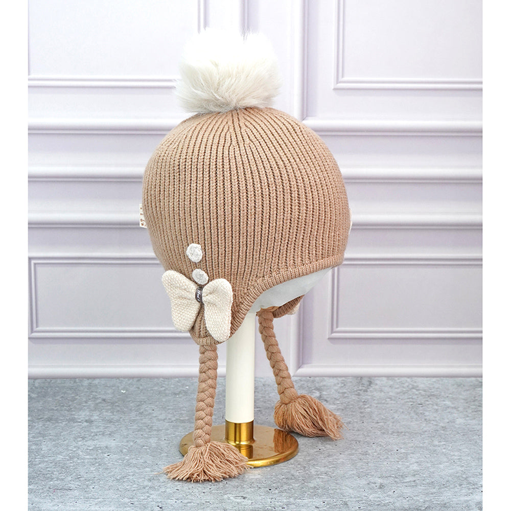 Brown Butterfly Knitted soft Woolen Winter Cap with tie up, 6-18 months