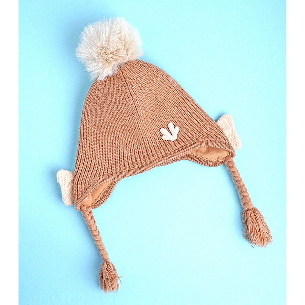 Brown Butterfly Knitted soft Woolen Winter Cap with tie up, 6-18 months