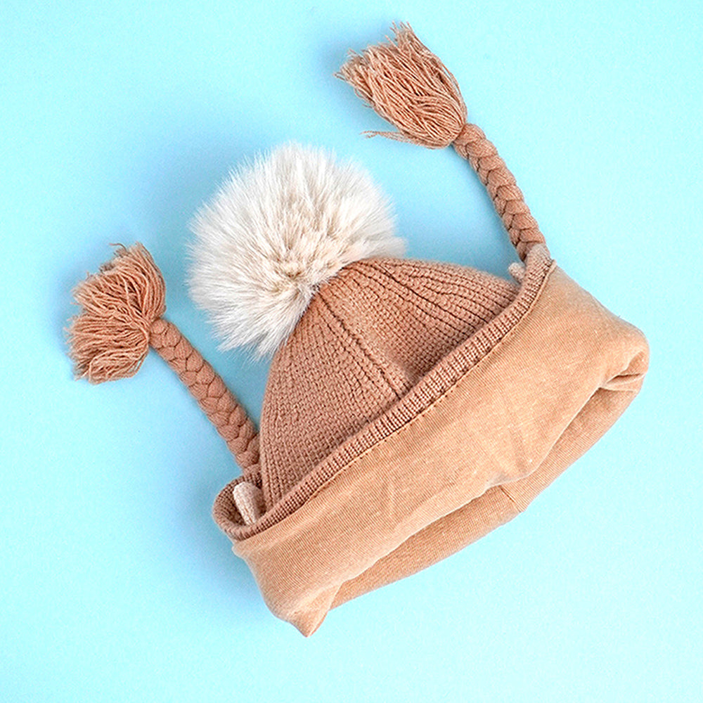 Brown Butterfly Knitted soft Woolen Winter Cap with tie up, 6-18 months