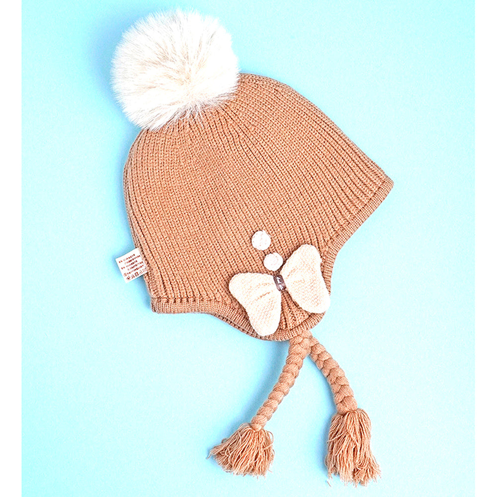 Brown Butterfly Knitted soft Woolen Winter Cap with tie up, 6-18 months