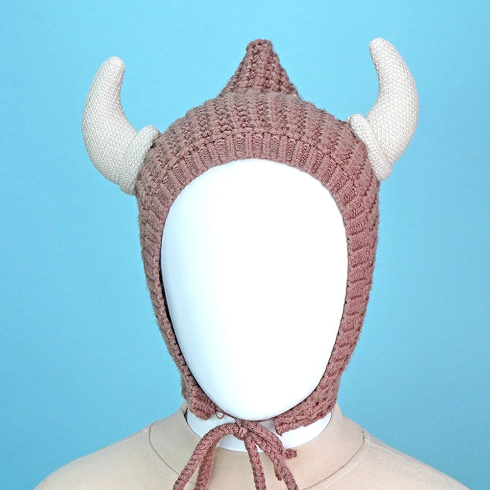 Brown Baby Horns Knitted soft Woolen Winter Cap with tie up, 6-18 months