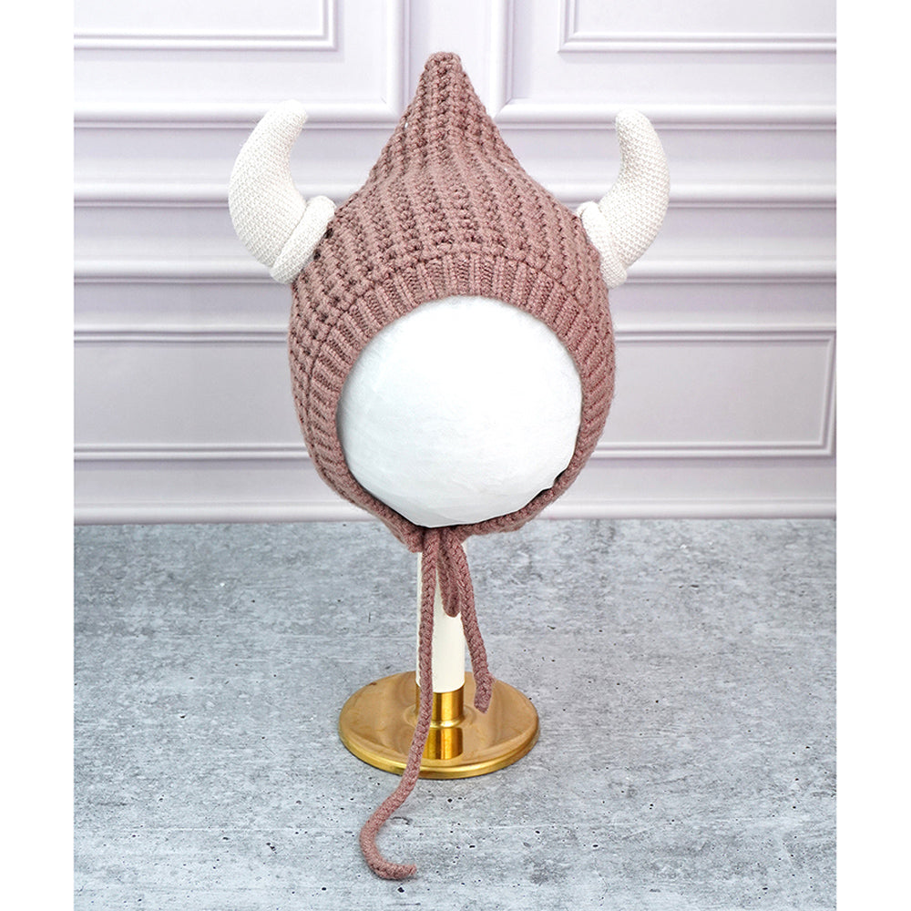 Brown Baby Horns Knitted soft Woolen Winter Cap with tie up, 6-18 months