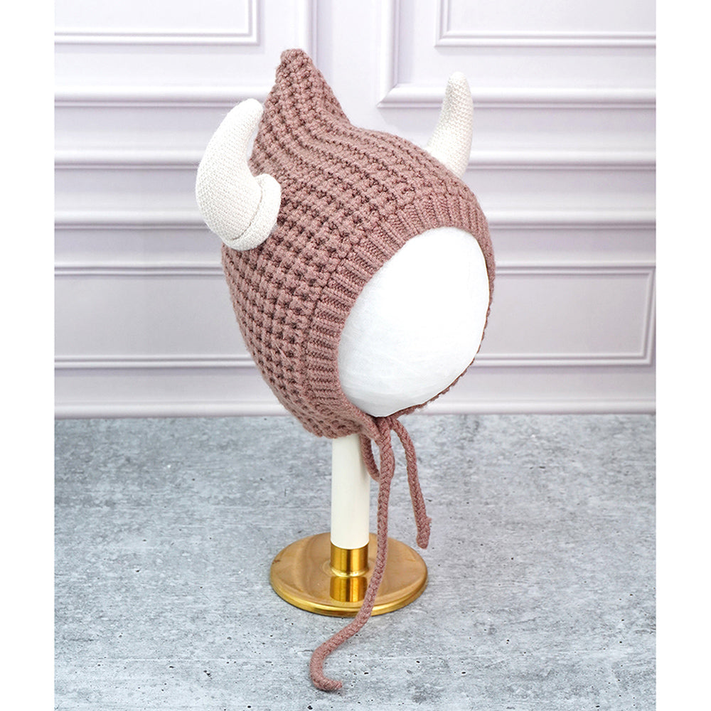 Brown Baby Horns Knitted soft Woolen Winter Cap with tie up, 6-18 months