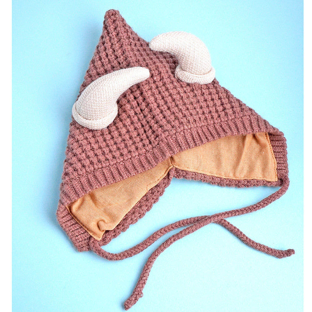 Brown Baby Horns Knitted soft Woolen Winter Cap with tie up, 6-18 months