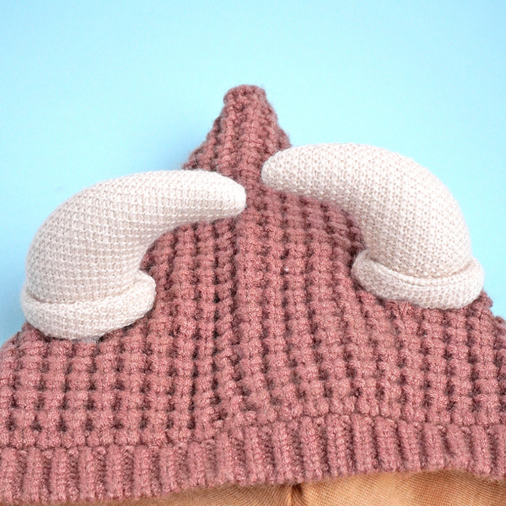 Brown Baby Horns Knitted soft Woolen Winter Cap with tie up, 6-18 months