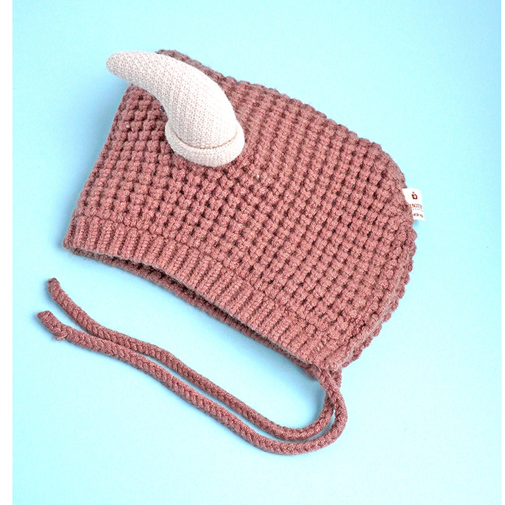 Brown Baby Horns Knitted soft Woolen Winter Cap with tie up, 6-18 months