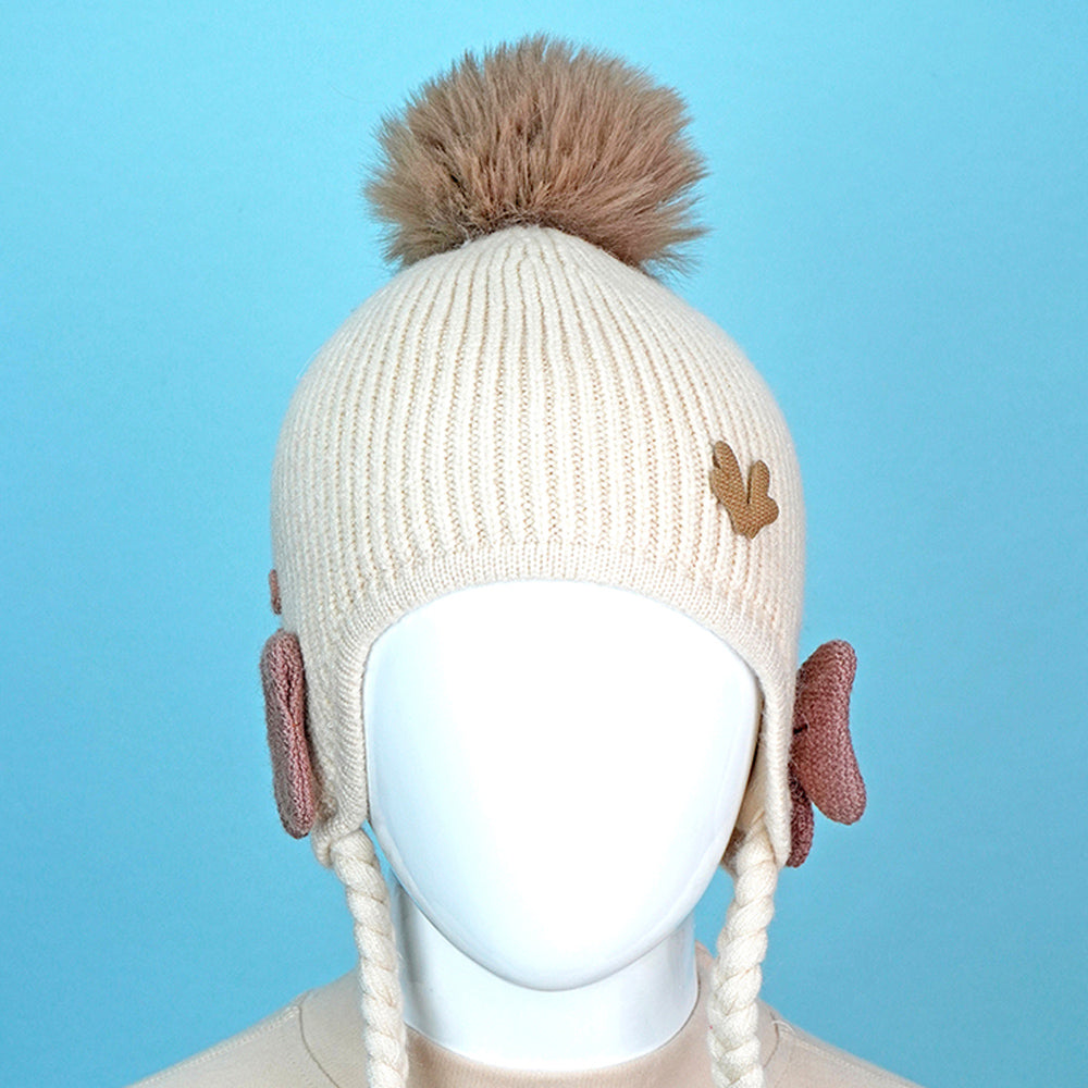 Cream Butterfly Knitted soft Woolen Winter Cap with tie up, 6-18 months