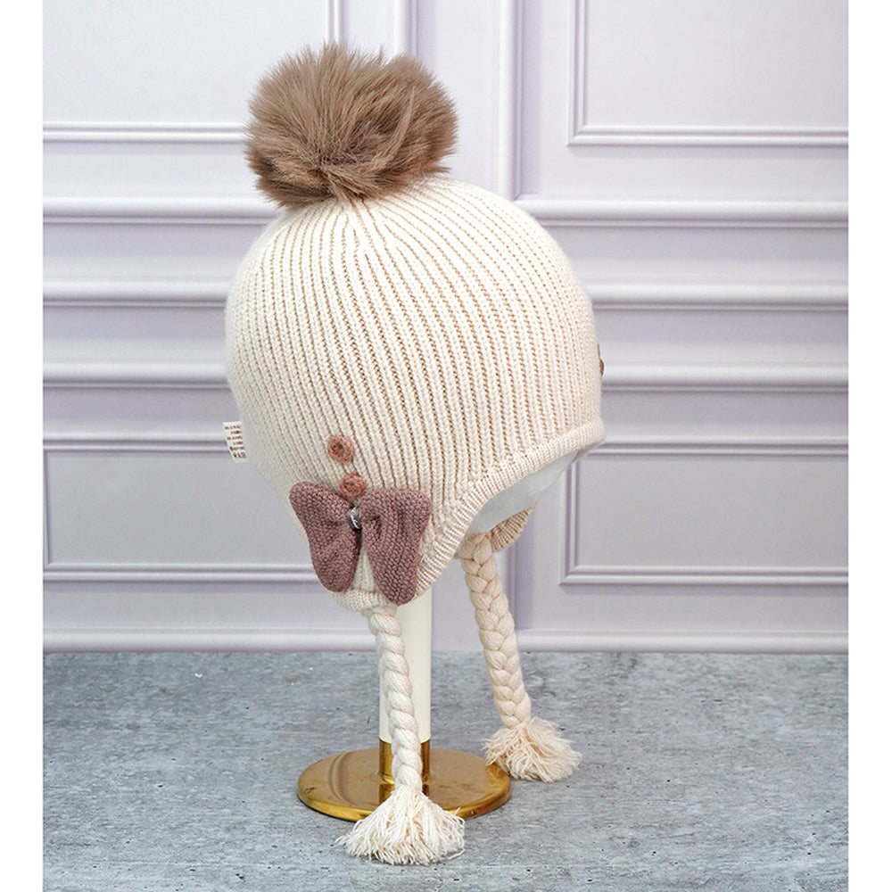 Cream Butterfly Knitted soft Woolen Winter Cap with tie up, 6-18 months