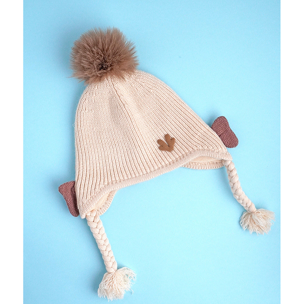 Cream Butterfly Knitted soft Woolen Winter Cap with tie up, 6-18 months