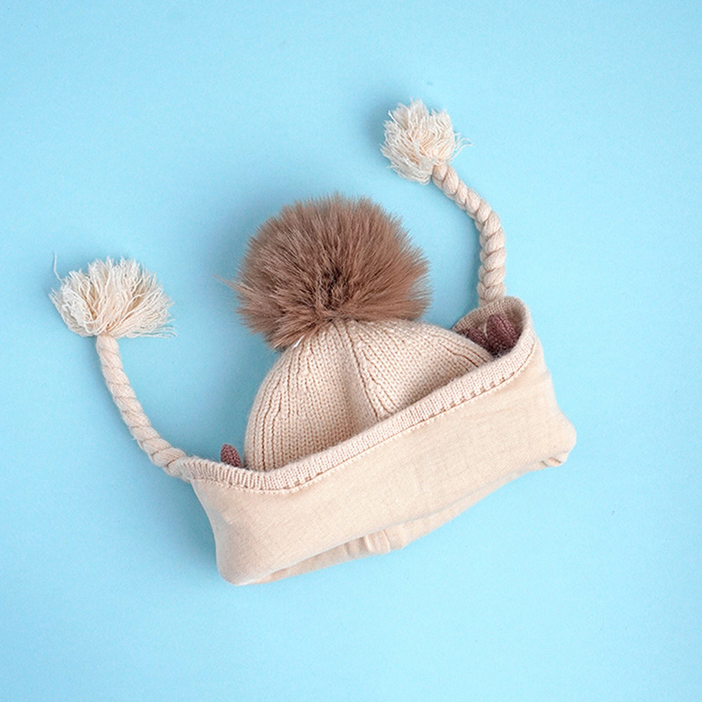 Cream Butterfly Knitted soft Woolen Winter Cap with tie up, 6-18 months