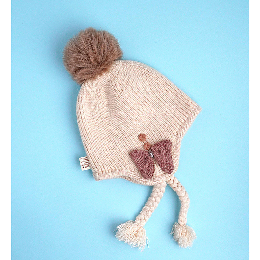 Cream Butterfly Knitted soft Woolen Winter Cap with tie up, 6-18 months