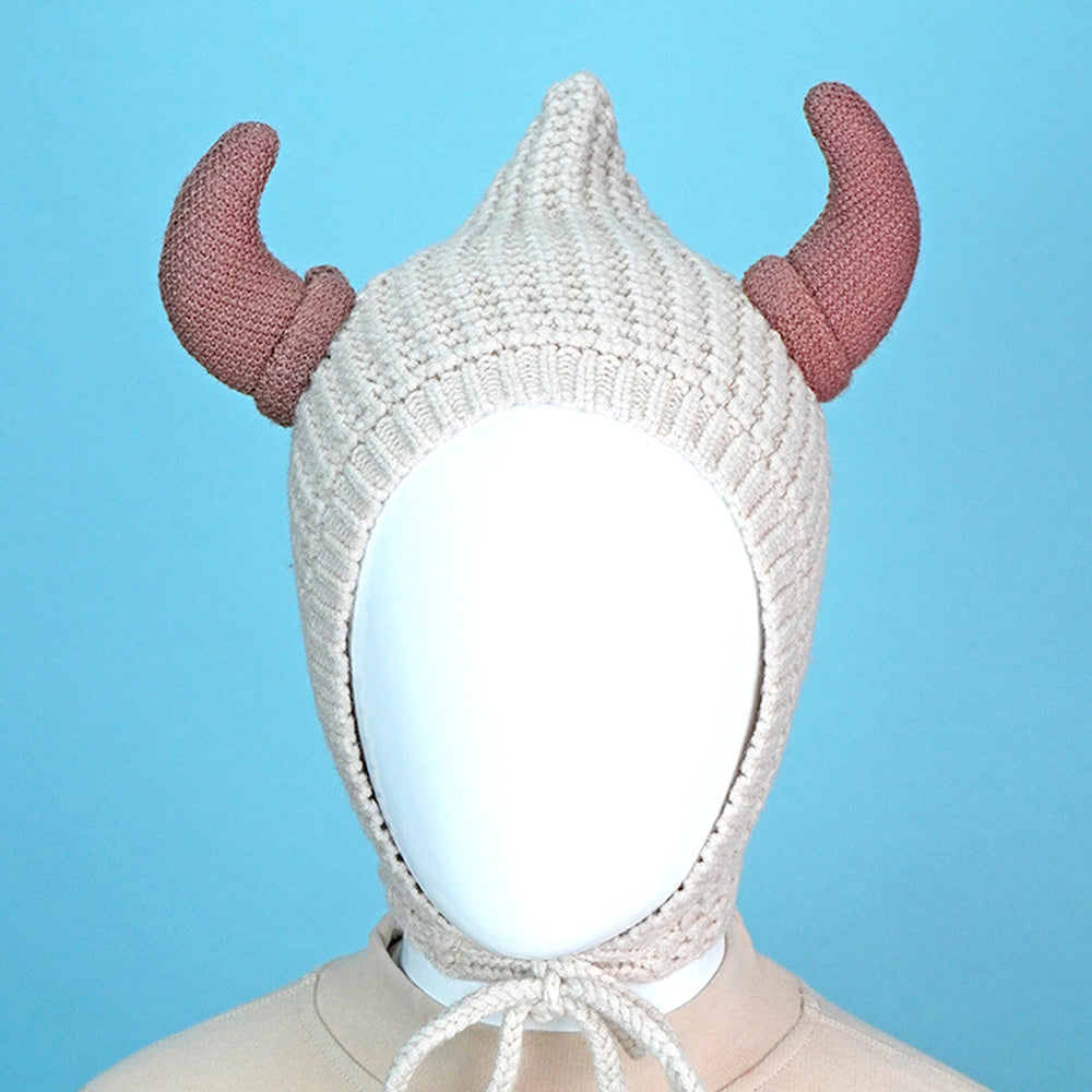 Cream Baby Horns Knitted soft Woolen Winter Cap with tie up, 6-18 months