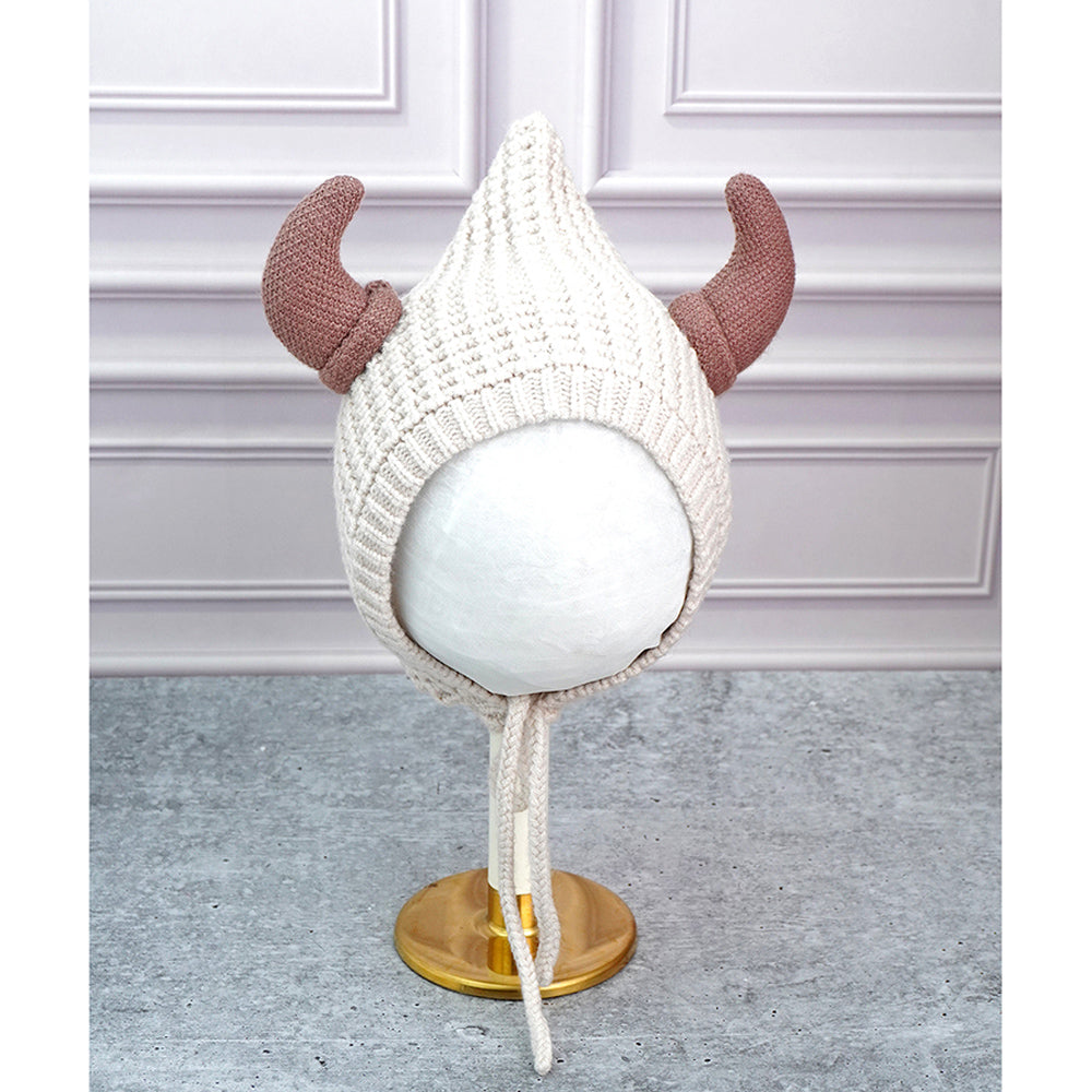 Cream Baby Horns Knitted soft Woolen Winter Cap with tie up, 6-18 months