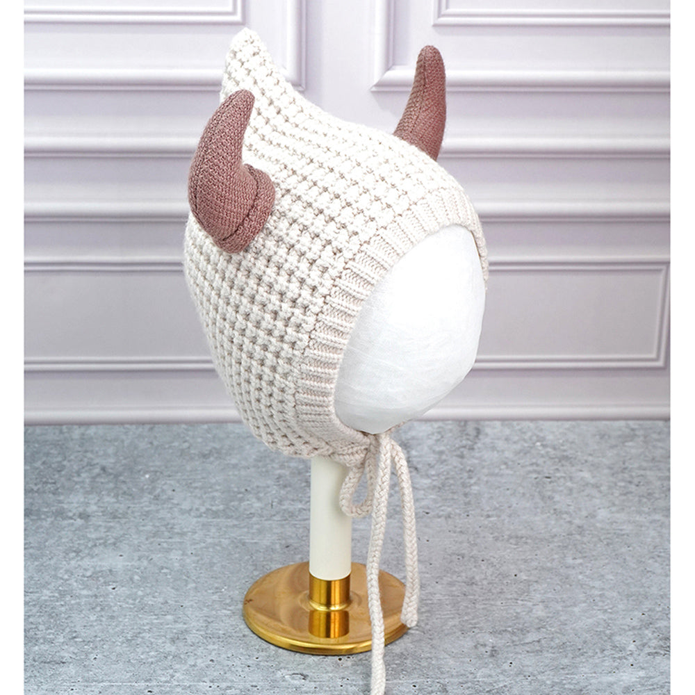 Cream Baby Horns Knitted soft Woolen Winter Cap with tie up, 6-18 months