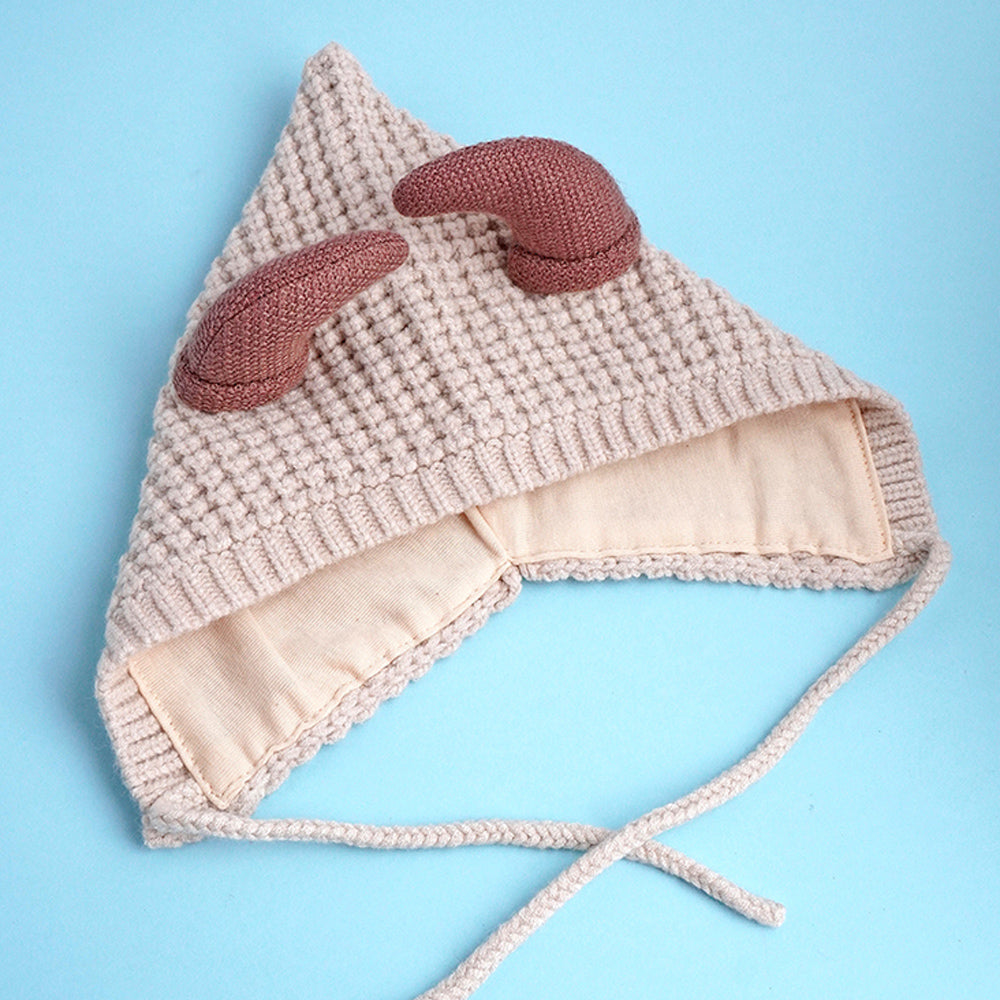 Cream Baby Horns Knitted soft Woolen Winter Cap with tie up, 6-18 months