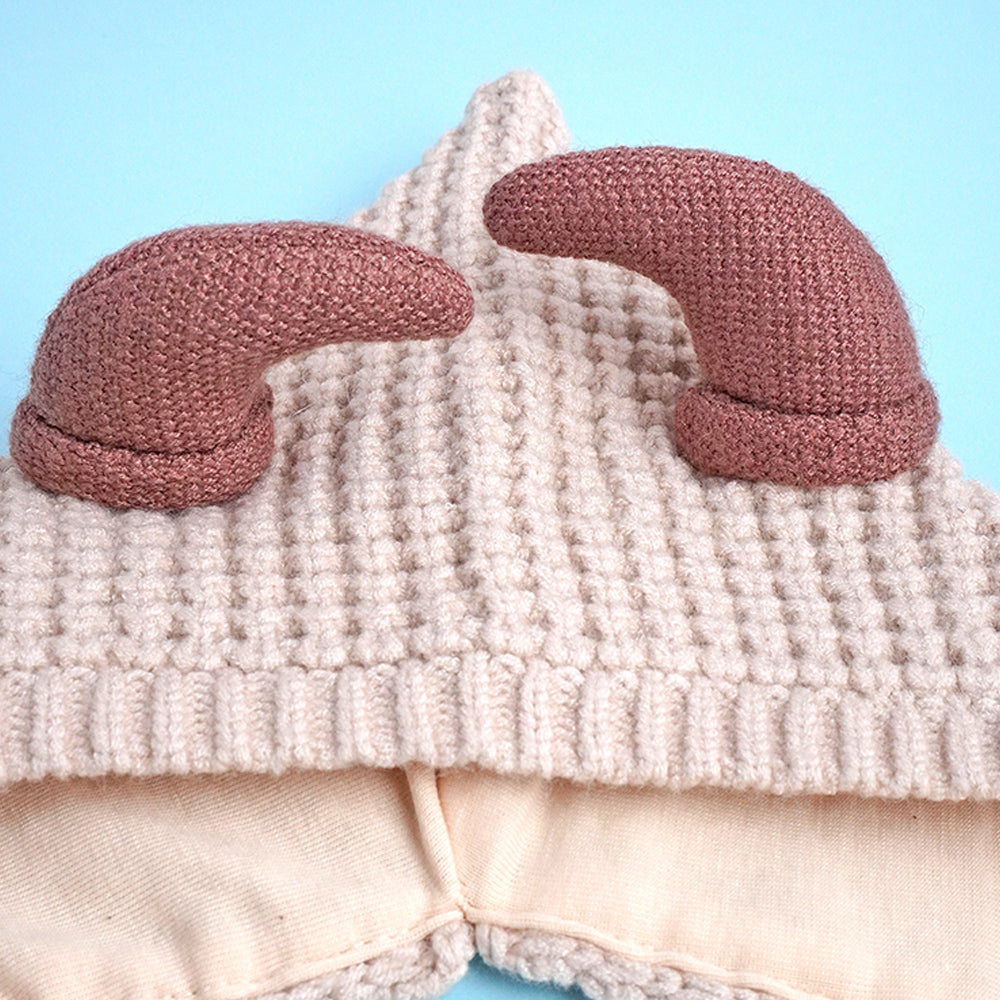 Cream Baby Horns Knitted soft Woolen Winter Cap with tie up, 6-18 months