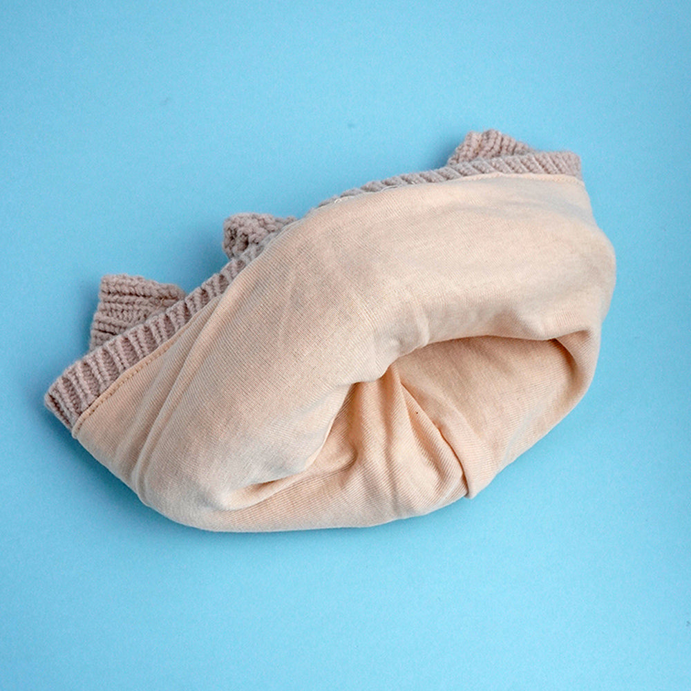 Cream Baby Horns Knitted soft Woolen Winter Cap with tie up, 6-18 months