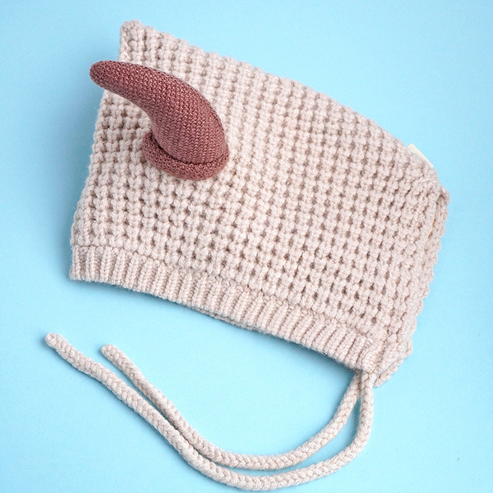 Cream Baby Horns Knitted soft Woolen Winter Cap with tie up, 6-18 months
