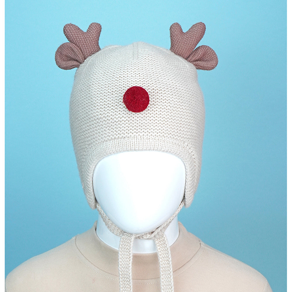 Cream Baby Antler Knitted soft Woolen Winter Cap with tie up, 6-18 months