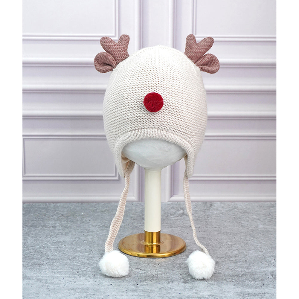 Cream Baby Antler Knitted soft Woolen Winter Cap with tie up, 6-18 months