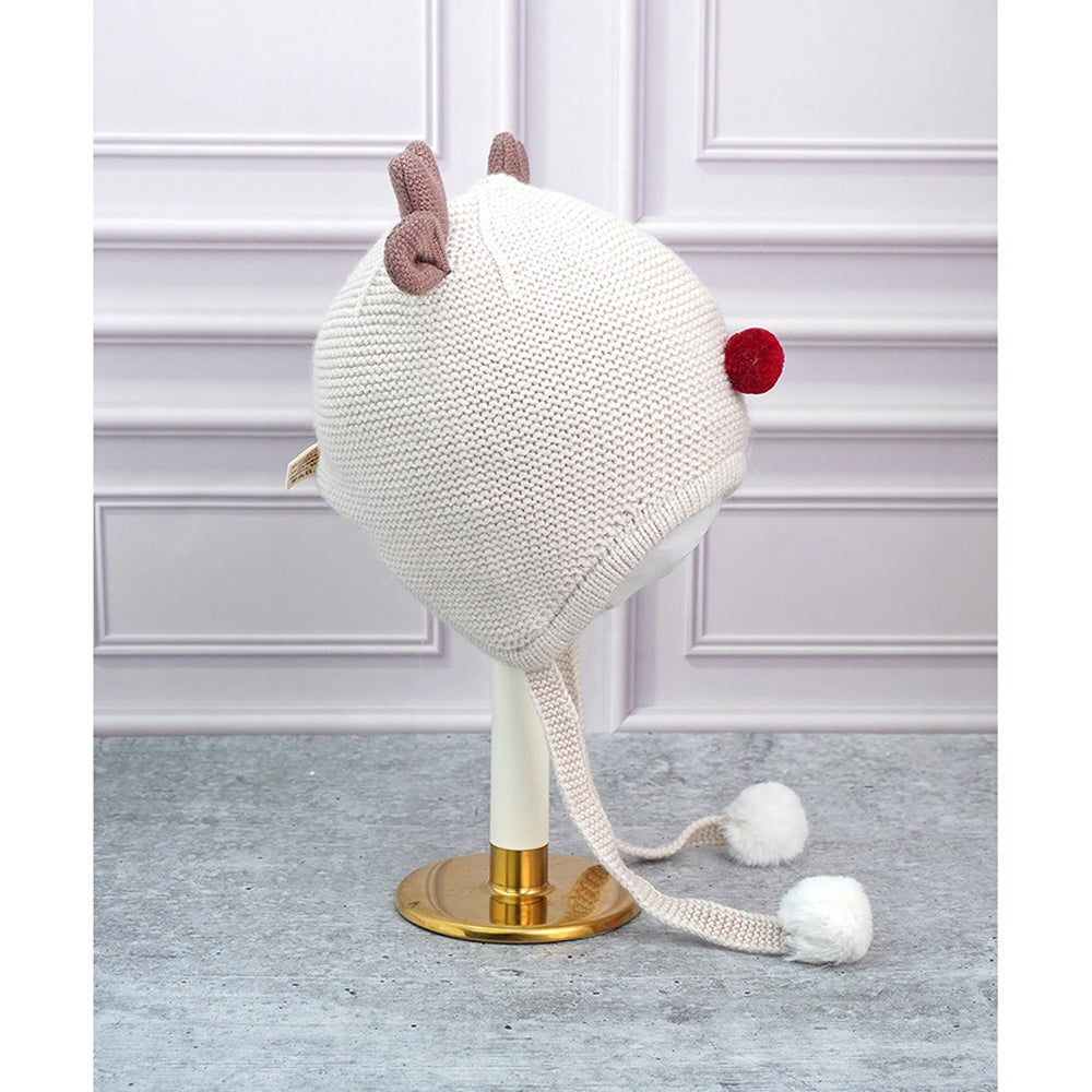 Cream Baby Antler Knitted soft Woolen Winter Cap with tie up, 6-18 months