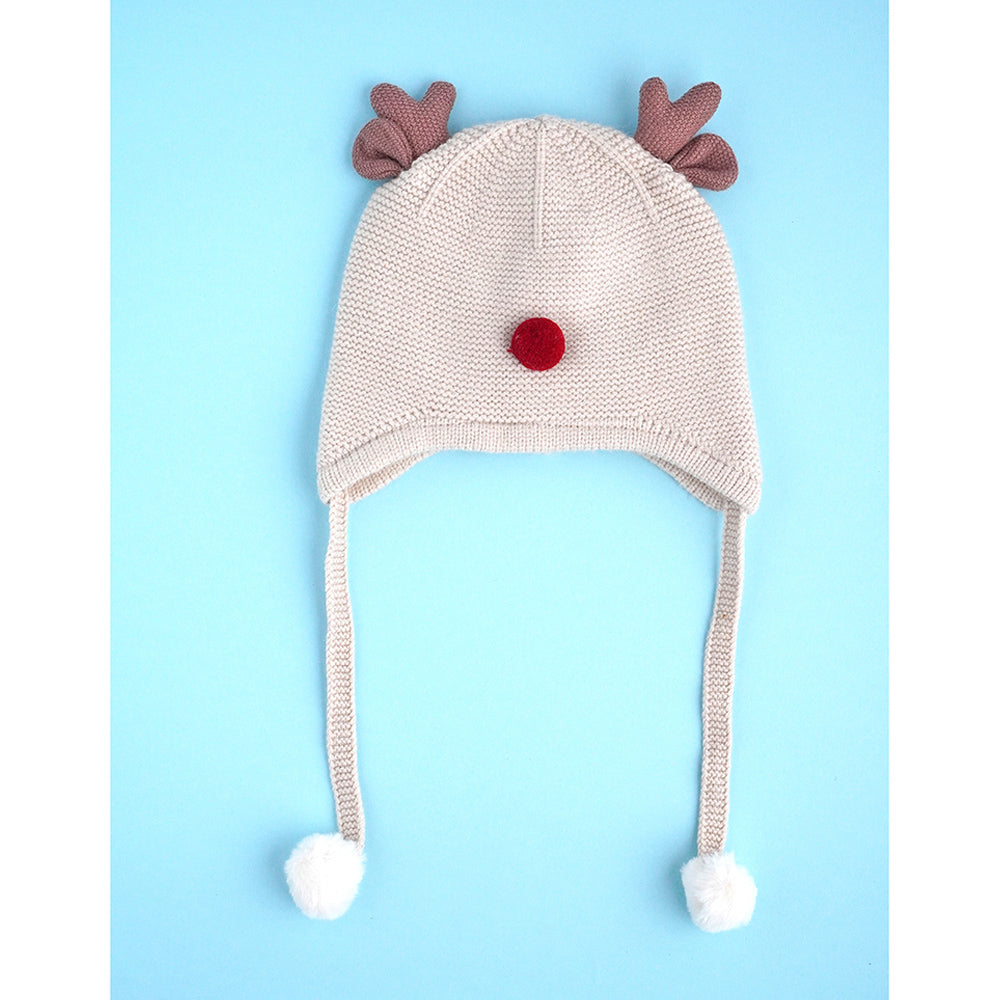 Cream Baby Antler Knitted soft Woolen Winter Cap with tie up, 6-18 months